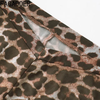 FAGADOER Leopard Print Sexy 3 piece sets women outfit Night Club streetwear Mesh see through Crop Tops + Bra + shorts suits new