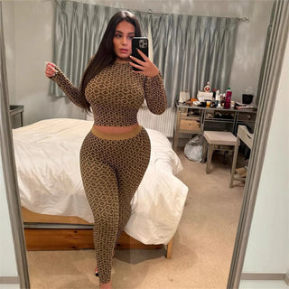 Weird Puss Coins Print Women 2 Piece Set Casual Sporty Elastic Full Sleeve Crop Tops+Wide Waist Leggings Matching Activity Suits