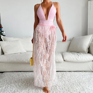 Women Deep V Neck Backless Bandage Cross One Piece Swimsuit Lady Beach Swim Sexy Lace Transparent Skirts & Bodysuit Bikini Set