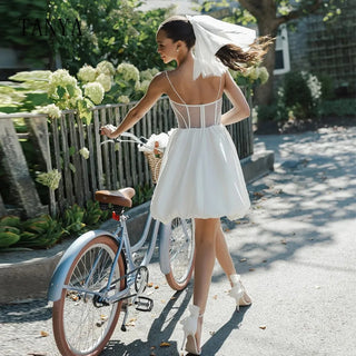 Simple Satin Short Wedding Dress Sleeveless Spaghetti Straps V Neckline Bridal Dancing Dress Knee Length A Line Homecoming Dress