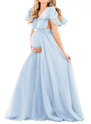 Maternity Chiffon V-Neck Dress Robe Sheer Puffy Gown for Pregnancy Baby Shower Photoshoot - Pregnancy Sheer Gown