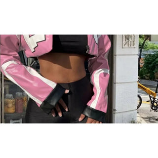 Weird Puss Faux Leather Varsity Jacket Women Hipster Letter Print Autumn Casual Sporty Wild Streetwear Uniform Trend Crop Coat