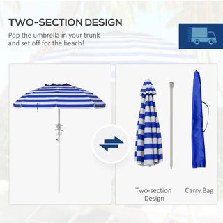5.7' Portable Beach Umbrella with Tilt Adjustable Height 2 Cup Holders Hooks UV 40+ Ruffled Outdoor Umbrella with Vented Canop