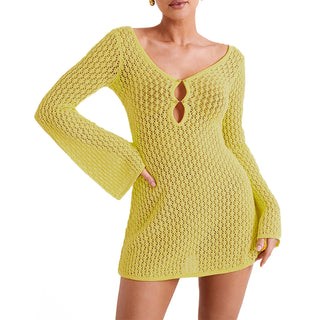 Women Knit Beach Dress Bikini Cover-up Long Sleeve V Neck Backless Hollowed Solid Crochet Tunic Mini Dress Female Clubwear