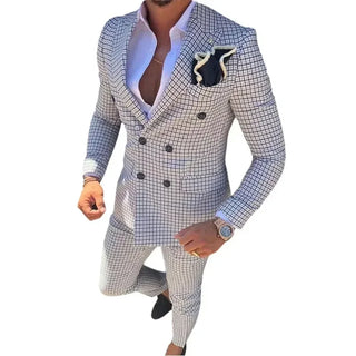 Men's Plaid Suits 2 Pieces Blazer and Pants Set Casual Tuxedo Set Double Breasted Peak Lapel Wedding Dresses Prom Evening Party