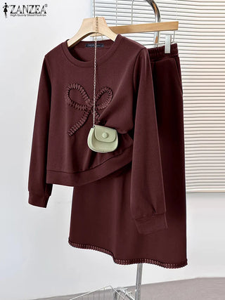 ZANZEA 2025 New Chic Sets Autumn Sports 2 Piece Dress Sets Holiday Women Bowtie Pullover Skirt Suit Casual Loose Korean Outfits