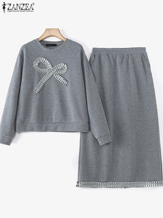 ZANZEA 2025 New Chic Sets Autumn Sports 2 Piece Dress Sets Holiday Women Bowtie Pullover Skirt Suit Casual Loose Korean Outfits