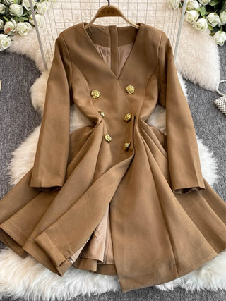 Formal Autumn Winter Double Breasted Long Sleeve Short Blazer Dress Women Suit Coats Office Lady A Line Pleated Quality Vestidos