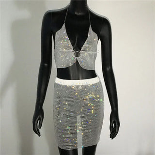 Sparkly Diamond Fancy Party Club Outfits For Women Sexy Crop Top Fishnet Rhinestone See Through Skirt Y2K Festival Rave Clothing