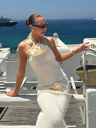 Chic 3d Flowers Sleeveless Halter Lace Up Knit Tops Suit Sexy Hollow Out See Through Slim Printed Skirt Set 2025 Vacation Outfit