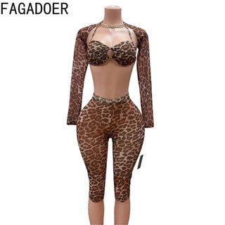 FAGADOER Leopard Print Sexy 3 piece sets women outfit Night Club streetwear Mesh see through Crop Tops + Bra + shorts suits new
