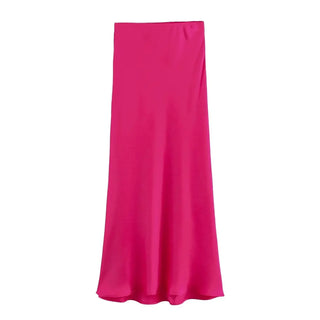 TRAFZA 2024 Y2K Casual Women Long Skirt Spring Elastic High Waisted A-Line Casual Female Satin Skirts High Street Lady Skirts