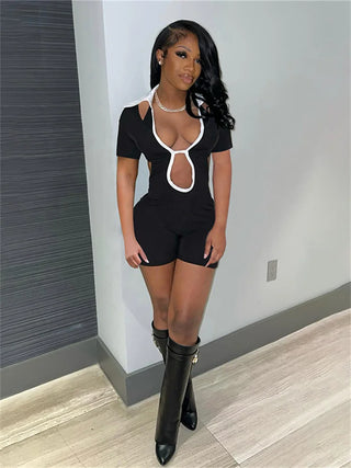 Whatiwear Contrast Backless Romper Women Low-Neck Bandage Short Sleeve Stretch Fitness Playsuit Street Skinny Hipster Overalls