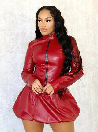 Weird Puss Faux Leather Women 2 Piece Set Zipper Cardigan Turtleneck Jacket+Solid Sknny Ruffles Mini Skirts Matching Wild Suit