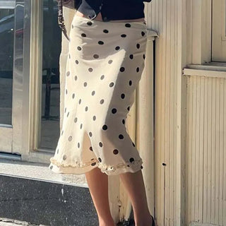 90s Vintage Polka Dot Midi Skirts Y2k Coquette Low Waist See Through A-line Skirt Women Ladies Beach Vacation Frill Trim Skirts