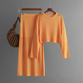 Women's clothing 2025 new summer long sleeved hollow knitted sweater long skirt fashion two-piece dress set skirt sets