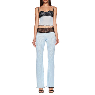 Combhasaki Women's 2Pcs Lace See-through Loungwear Ruffled Outfits Set Color Patchwork Sleeveless Camisoles+Low Waist Long Pants