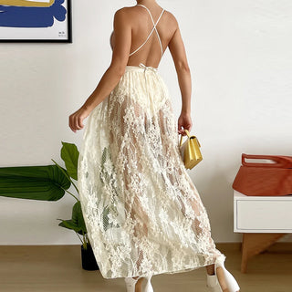 Women Deep V Neck Backless Bandage Cross One Piece Swimsuit Lady Beach Swim Sexy Lace Transparent Skirts & Bodysuit Bikini Set