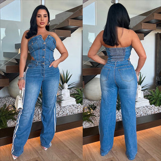 Demin Overalls Jumpsuits Women One Piece Strapless Sleeveless Long Pants Wide Leg Pant Rompers Y2k Streetwear Slim Fit 2025