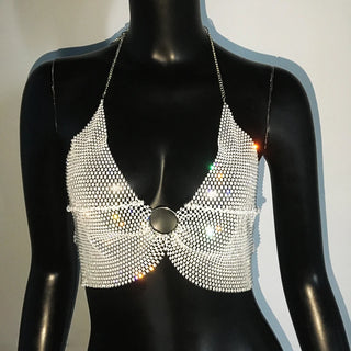 Sparkly Diamond Fancy Party Club Outfits For Women Sexy Crop Top Fishnet Rhinestone See Through Skirt Y2K Festival Rave Clothing