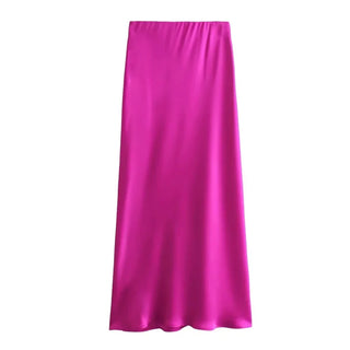 TRAFZA 2024 Y2K Casual Women Long Skirt Spring Elastic High Waisted A-Line Casual Female Satin Skirts High Street Lady Skirts