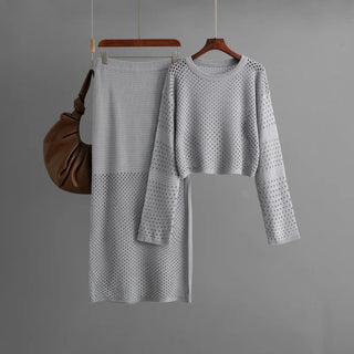 Women's clothing 2025 new summer long sleeved hollow knitted sweater long skirt fashion two-piece dress set skirt sets