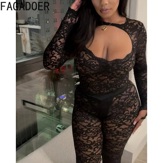 FAGADOER Sexy Lace 2 Piece Set Women Hollow Out See Through Crop Tops And Leggings Pants Female Night Club Outfit Streetwear New