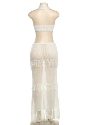 XIZOU Beach Vacation 2 Piece Set Knit Women Y2K See Through Halter Low-Neck Tank Top+Tassel Multilayer Skirts Sexy Clubwear