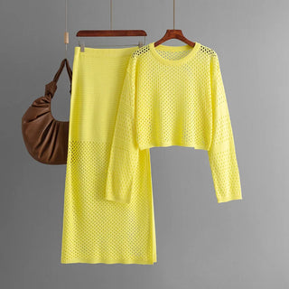 Women's clothing 2025 new summer long sleeved hollow knitted sweater long skirt fashion two-piece dress set skirt sets