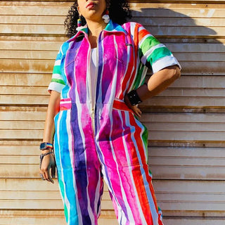 Plus Size Multicolor Casual Fall Winter Rainbow Lapel Collar Half Sleeve Zipper Jumpsuits