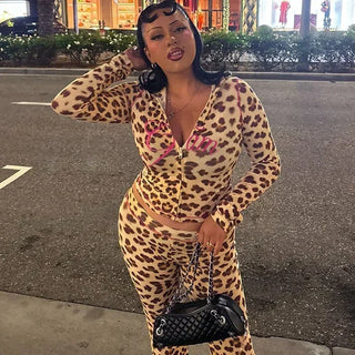 Weird Puss Leopard Letter Print 2 Piece Set Women Tracksuit Sporty Casual Hooded Crop Jacket+Flare Pants Stretch Matching Suits