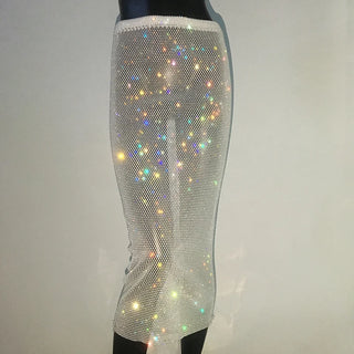 Sparkly Diamond Fancy Party Club Outfits For Women Sexy Crop Top Fishnet Rhinestone See Through Skirt Y2K Festival Rave Clothing