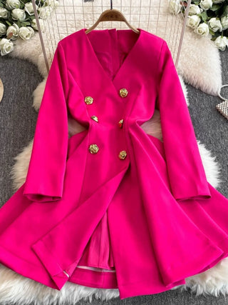 Formal Autumn Winter Double Breasted Long Sleeve Short Blazer Dress Women Suit Coats Office Lady A Line Pleated Quality Vestidos