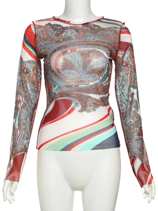 Women Weird Puss Colorful Print Crop Tops See Through 2025 Spring Full Sleeve Stretch Wild Basic Streetwear Hipster Skinny Tops