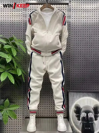 Mens New Spring Autumn Two Piece Running Set Tops Pants Mixed Colors Striped Gym Fitness Sports Sets Outdoor Jogging Tracksuit