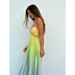 Bonny Summer Gradient Halter Pleated Women Maxi Dresses 2024 Sexy Off Shoulder Backless Wrap Chest Sundress Beach Vacation Robes