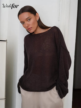 Wedifor Long Sleeve O Neck Knitted Shirt New Fashion Sexy See Through Loose Casual Smock Tops 2024 Autumn Solid Women Clothes