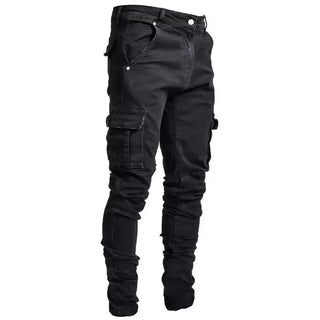Men Street Elastic Denim Jeans Wash Solid Color Multi Pockets Cargo Pants Casual Slim Fit Daily Wear Joggers Mid Waist Trousers