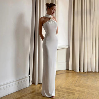 Weird Puss Metal Knots Dress Women Elegant Summer Trend Halter Solid Folds Backless Sleeveless Sexy Slim Banquet Party Bodycon