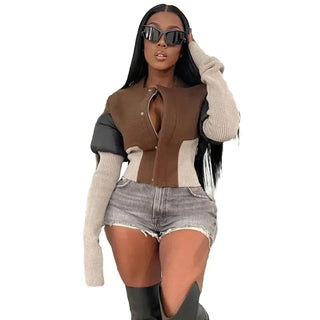 Weird Puss Hipster Patchwork Jacket Women Winter Trend Chic Long Sleeve Zip Coat Wild Streetwear Casual Basic Jersey Outwear