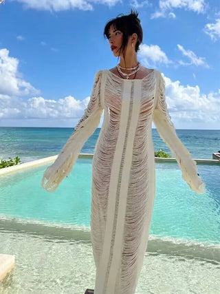 White Knitted Sexy Hollow Out Fringe Beach Maxi Dress 2024 Women Summer Backless Lace-up Beachwear Party Bikini Cover-ups A2414