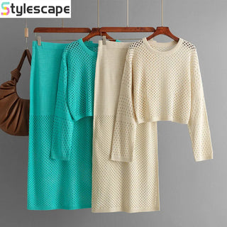 Women's clothing 2025 new summer long sleeved hollow knitted sweater long skirt fashion two-piece dress set skirt sets