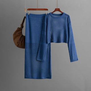 Women's clothing 2025 new summer long sleeved hollow knitted sweater long skirt fashion two-piece dress set skirt sets