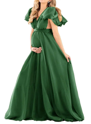 Maternity Chiffon V-Neck Dress Robe Sheer Puffy Gown for Pregnancy Baby Shower Photoshoot - Pregnancy Sheer Gown
