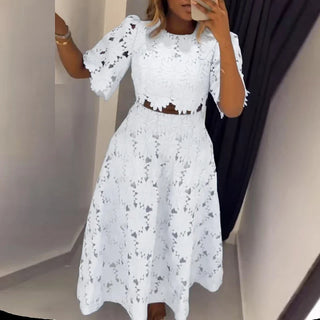 Fashion Hollow Lace Slim 2 Piece Sets Elegant Solid Holiday Summer Outfit New Ladies O Neck Short Sleeved Top + Long Skirt Suit