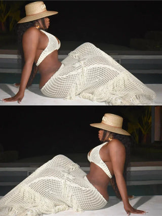 XIZOU Beach Vacation 2 Piece Set Knit Women Y2K See Through Halter Low-Neck Tank Top+Tassel Multilayer Skirts Sexy Clubwear