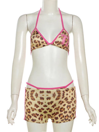 Insglas Leopard Print 3 Piece Set Women Halter Beach Vacation Bra Tops+Panties+Shorts Summer Midnight Party Matching Clubwear