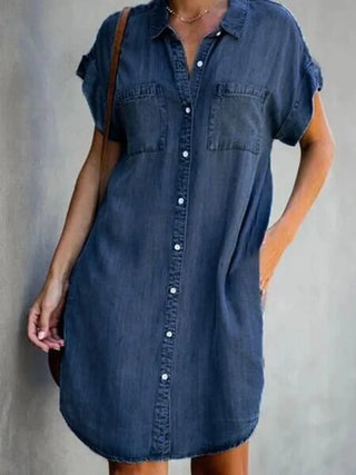 Summer New Single Breasted Denim Shirt Dress Women's Casual Loose Pocket Simple Retro Commuter Female Office Denim Short Skirt