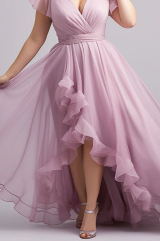 Flycurvy Plus Size Wedding Guest Pink Mesh Wrap Ruffled High Low Hem Maxi Dress