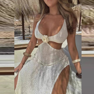 Sexy Transparent Knit Vacation Long Dress 2025 V-Neck Solid Waist Hollow Robe Bikini Summer Women High Slit Bodycon Party Dress